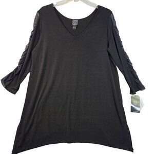 Clara Sunwoo Tunic Large V Neck Black Mesh Ruched Sleeves Chic Fall Top